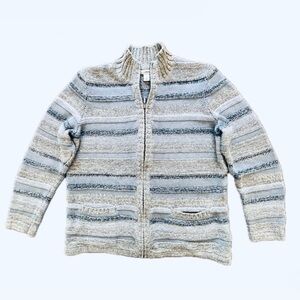 L.L. Bean Blue Striped Zip Up Sweater Cardigan, Large